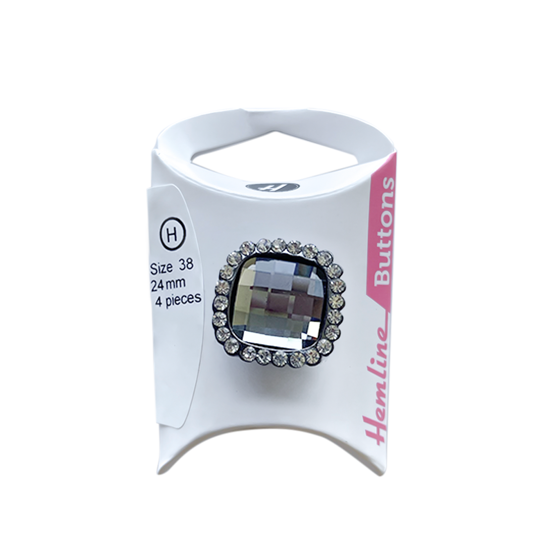 Botón Diamante Cuadrado 24MM 4UN Negro Borde Plata